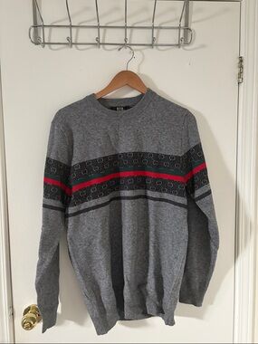 Men's Grey Crewneck Sweater with Stripe Detail